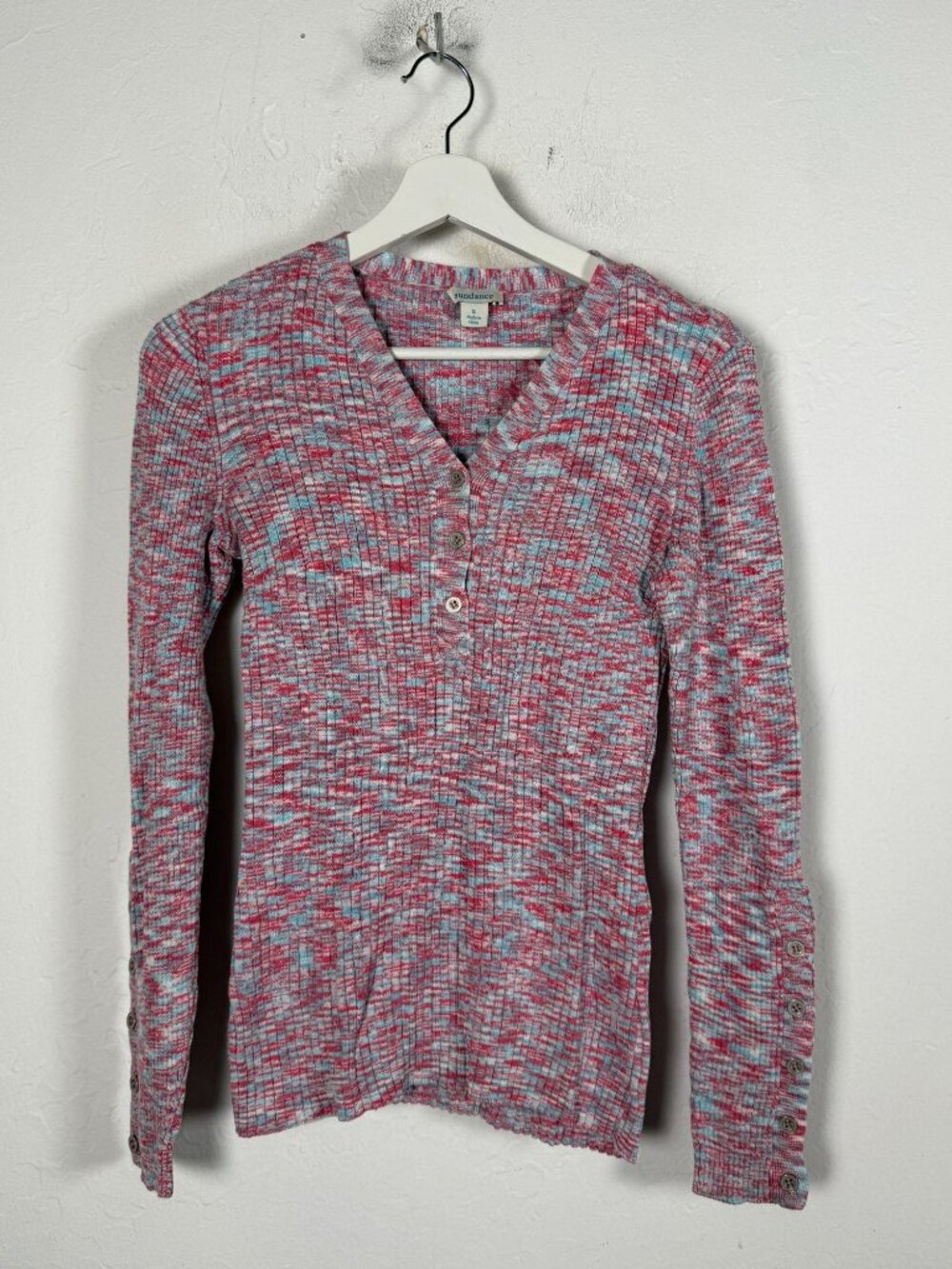 Sundance Womens Small Pink Blue Space Dye Ribbed Henley Sweater Top Button Cuff